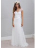 Fashion Ivory Full Lace Cap Sleeves V Back Airy Wedding Dress